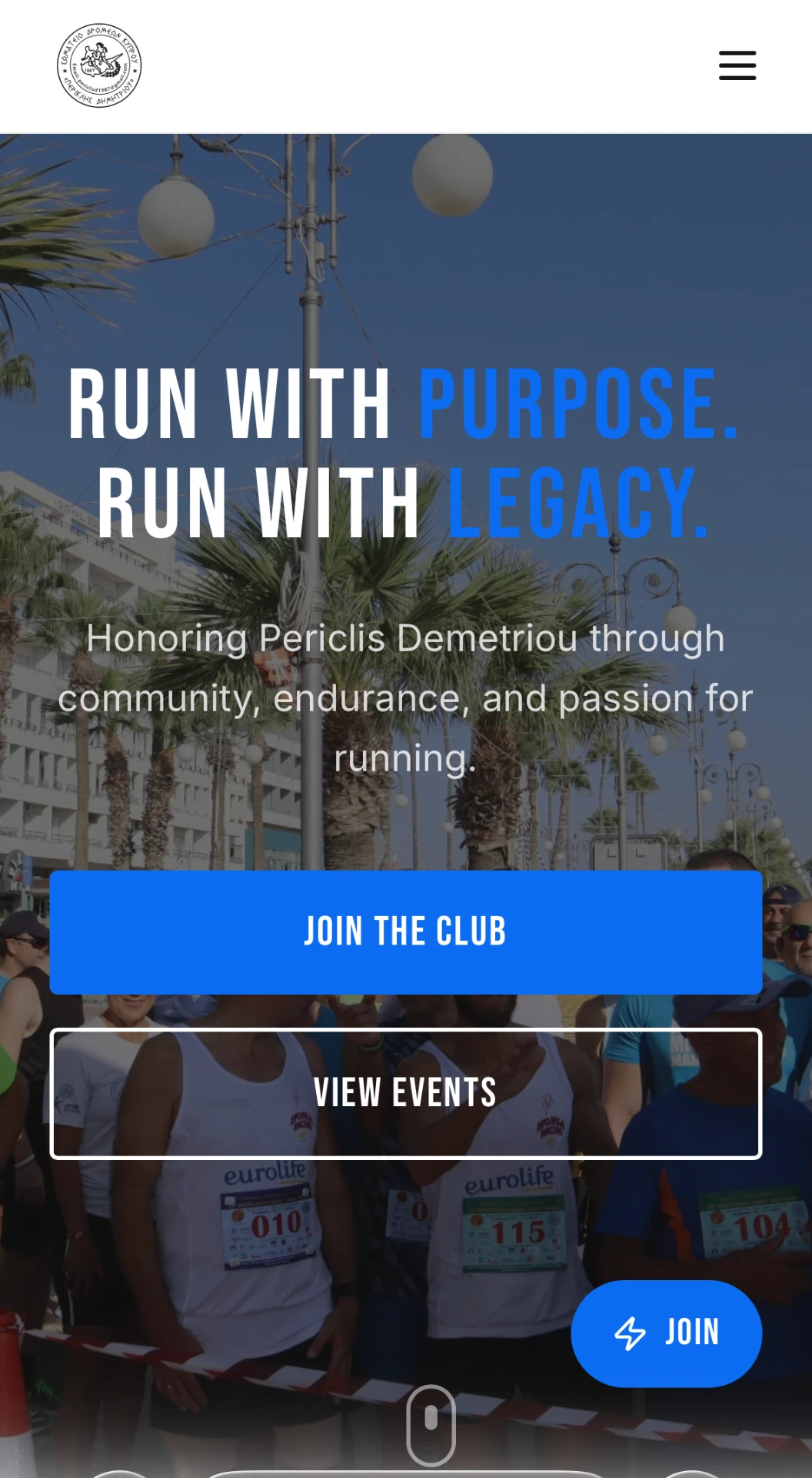 Periclis Demetriou Running Club homepage on mobile
