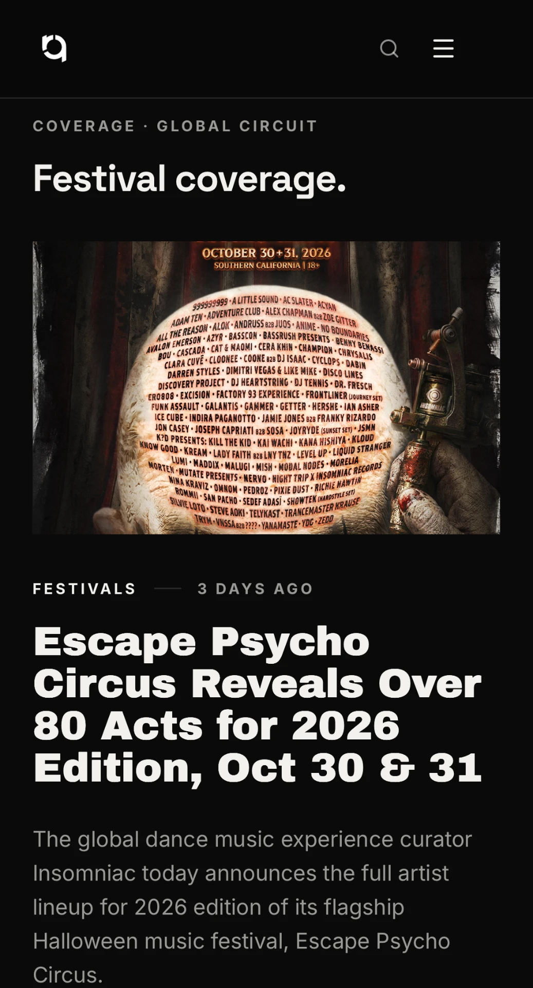 Rave Quarters — festivals category page on mobile