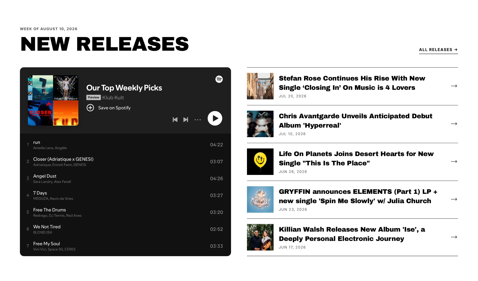 Klub Kult New Releases section with embedded Spotify playlist