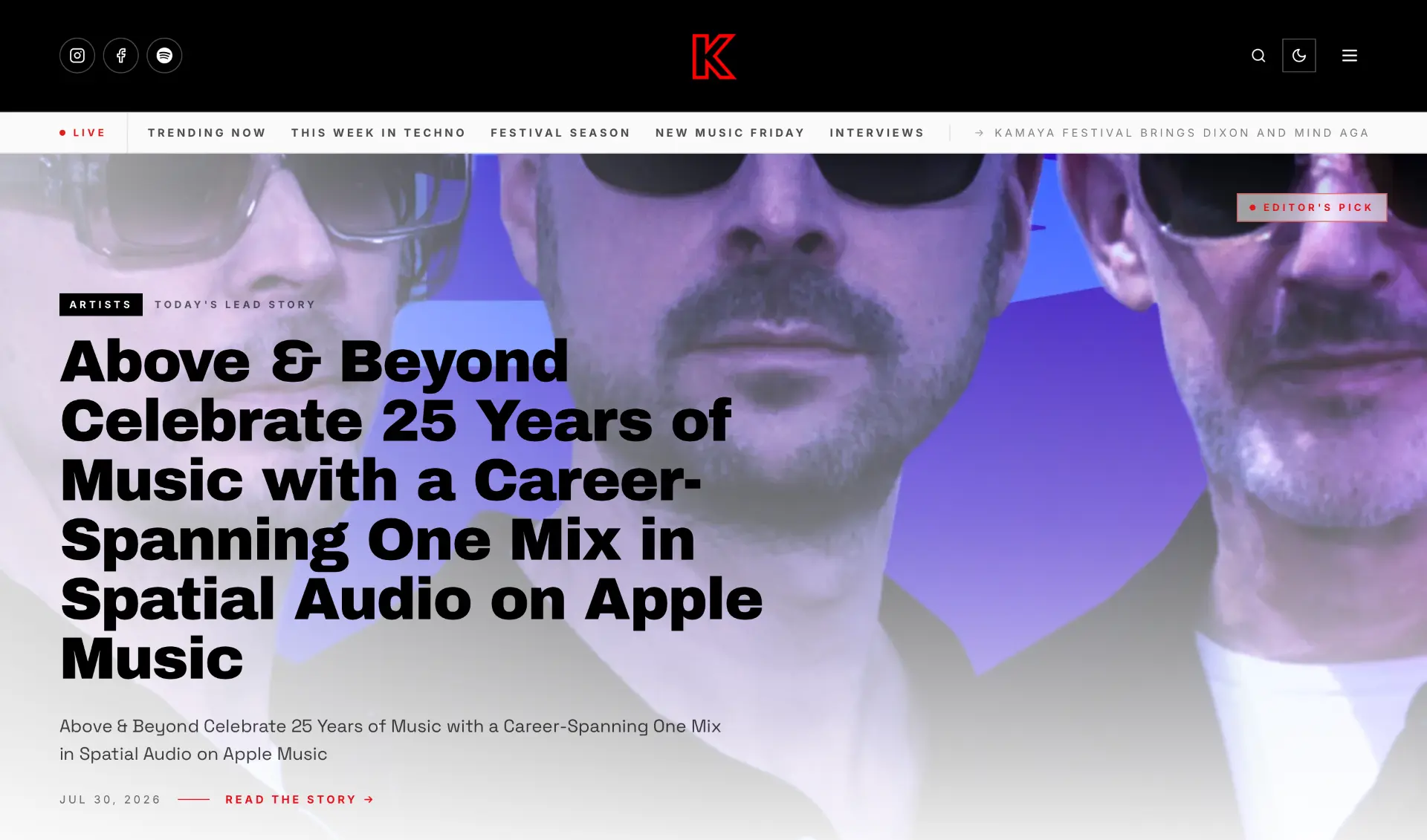 Klub Kult homepage with live ticker and lead story